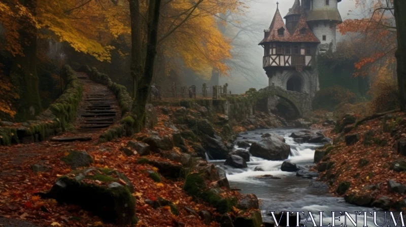 Mysterious Castle by the Stream: A Captivating Autumn Scene AI Image
