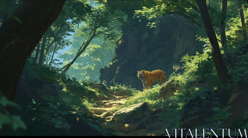 Powerful Tiger in Lush Jungle - Captivating Nature Image AI Image