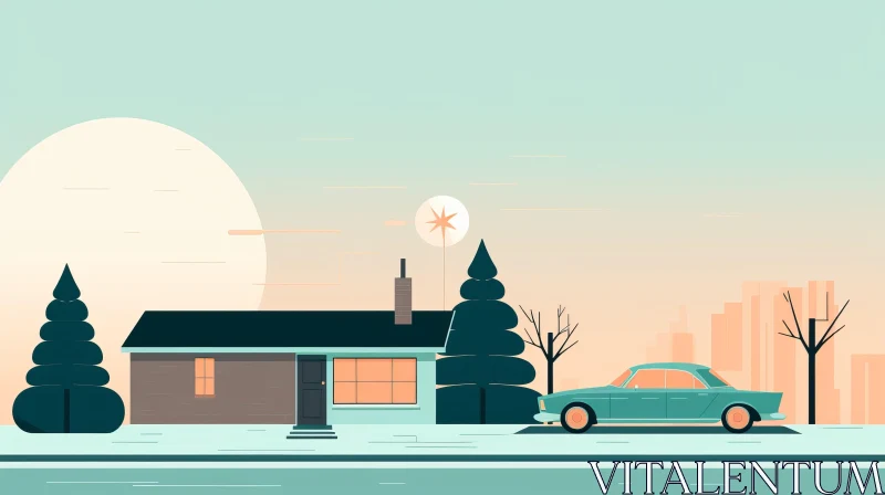 AI ART Retro House Scene with Car and Tree - Graphic Illustration