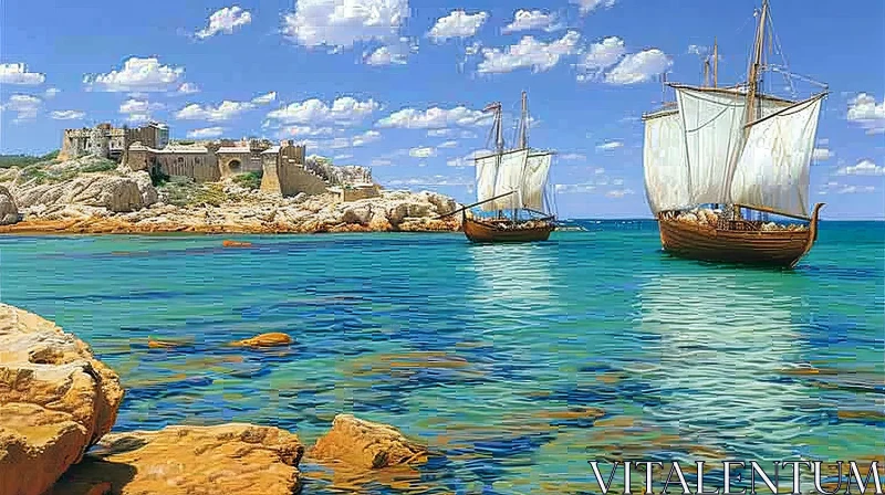 Serene Coastal Painting with Ships and Castle AI Image