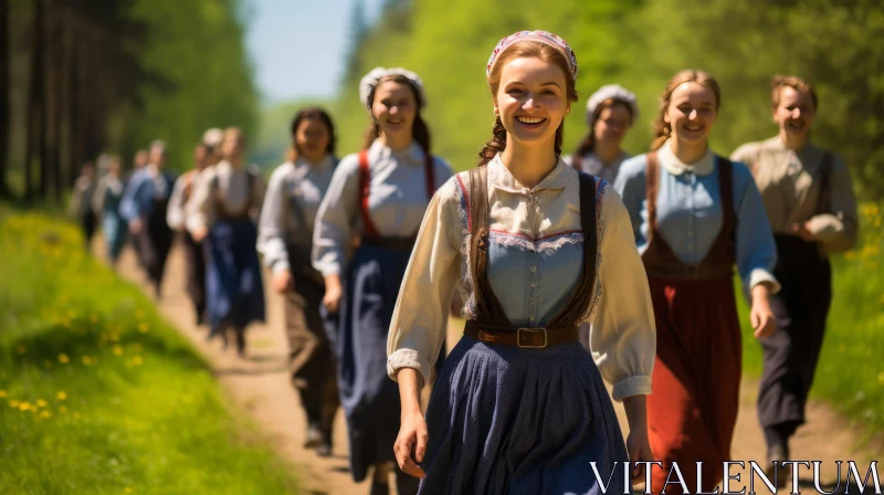 Traditional Finnish Women on Forest Pathway - Animated Historical Artwork AI Image