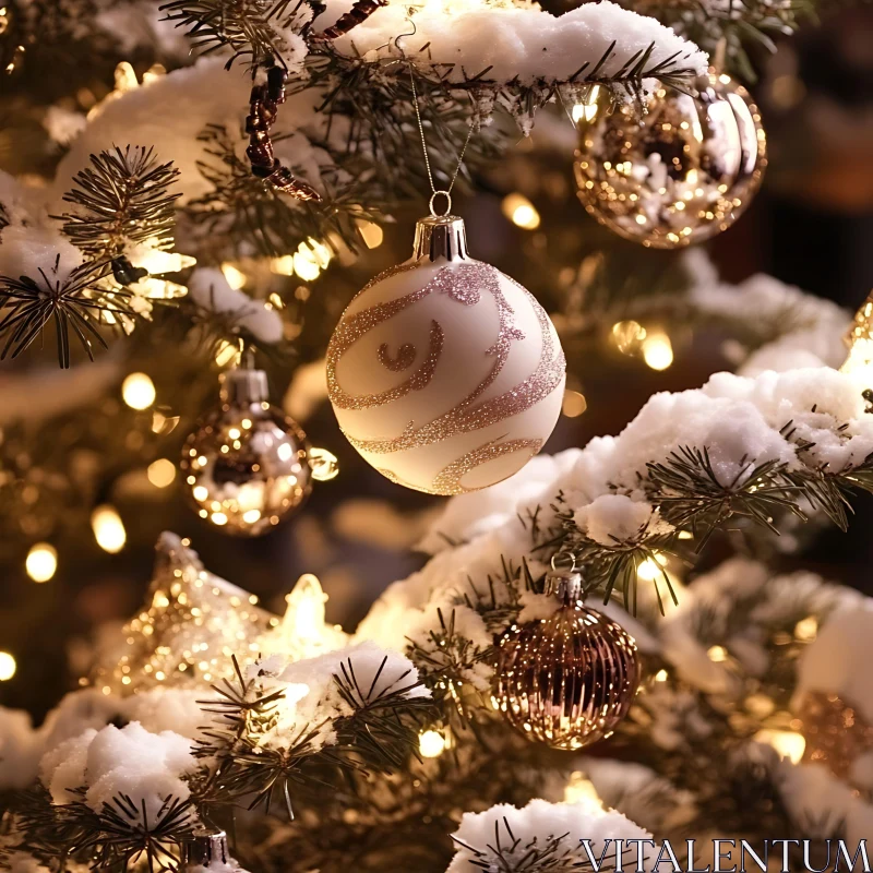 Festive Snow-Covered Tree Branch with Ornaments AI Image