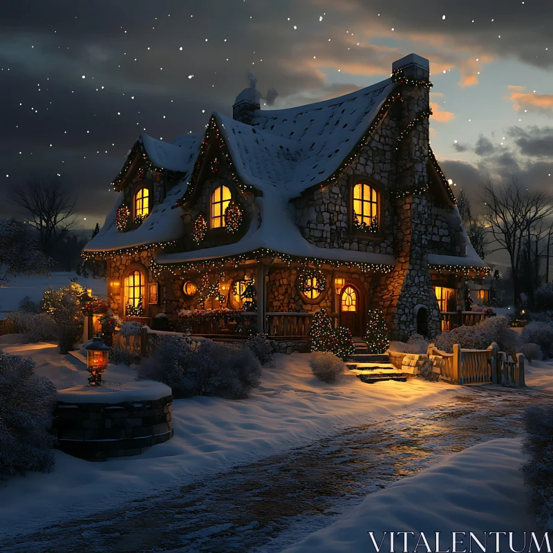 Charming Winter Cottage Nestled in Snowy Landscape AI Image