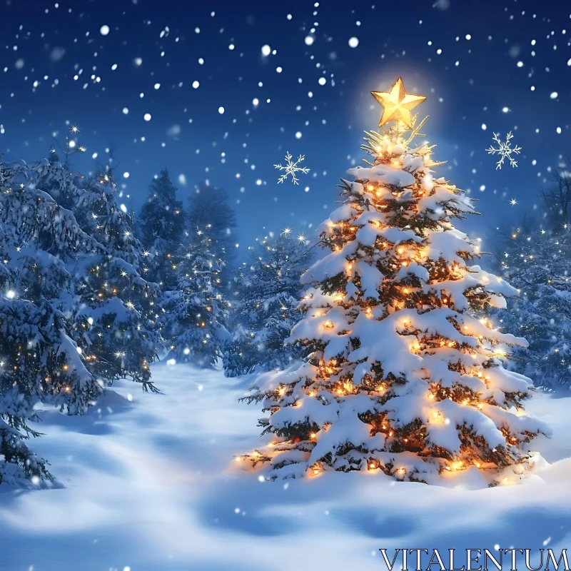 Enchanting Holiday Tree Illuminated in a Snowy Forest AI Image