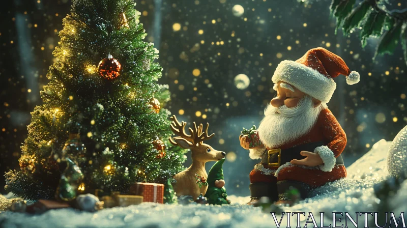 Festive Santa and Reindeer by Christmas Tree AI Image