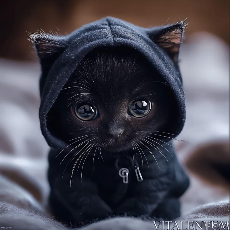 AI ART Cute Black Kitten Wearing a Hoodie