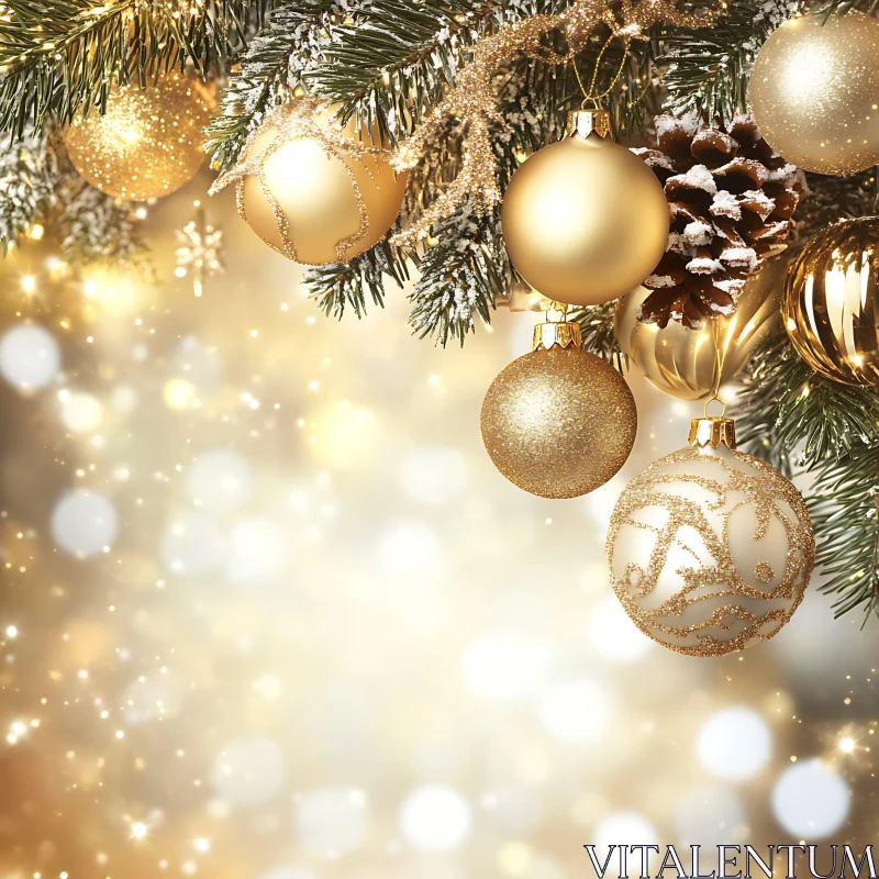 Festive Gold Baubles and Pine Branches AI Image