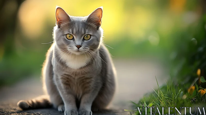 Serene Grey Cat in Sunlit Greenery AI Image