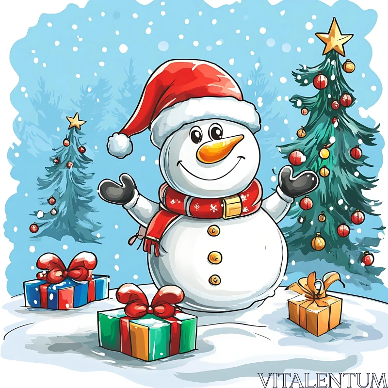 Cheerful Snowman with Santa Hat in Winter Wonderland AI Image