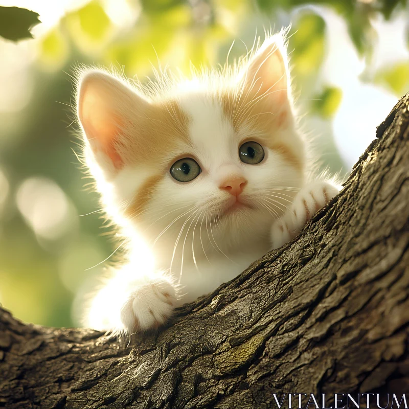 AI ART Cute Furry Kitten in Sunlit Tree