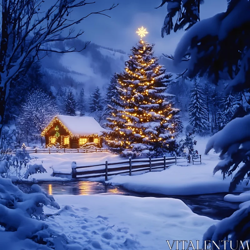 Snowy Christmas Scene with Cabin and Tree Lights AI Image