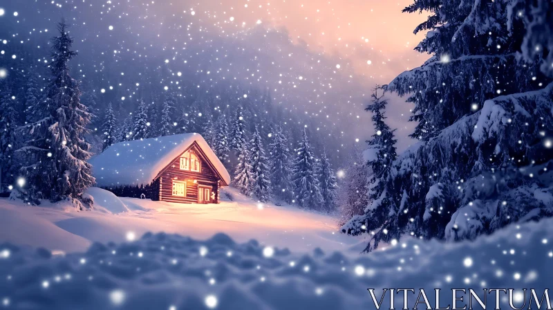 AI ART Cozy Cabin Amidst Snowfall in Winter Forest