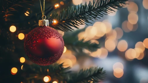 Festive Red Ornament on Christmas Tree with Bokeh Lights