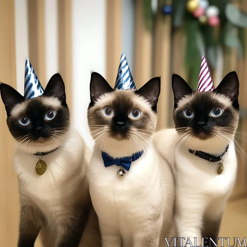 Festive Siamese Cats in Hats AI Image