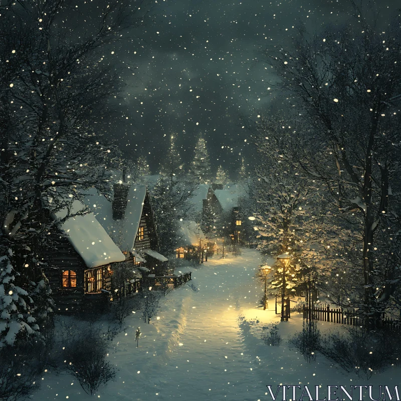 AI ART Winter Night in a Snow-Covered Village