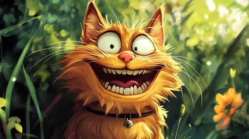 Expressive Cartoon Cat Among Green Foliage