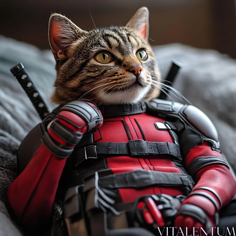 Hero Cat in Red and Black Armor AI Image