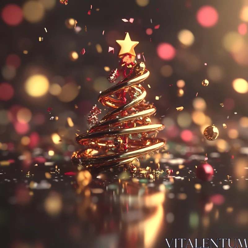 Golden Christmas Tree with Bokeh Lights and Confetti AI Image