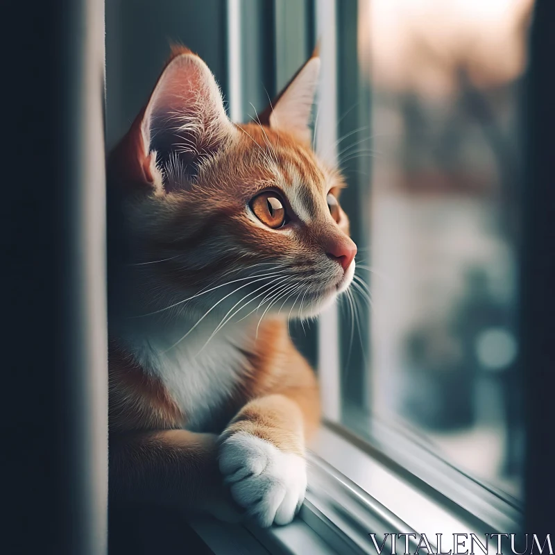 Thoughtful Cat Gazing Out the Window AI Image