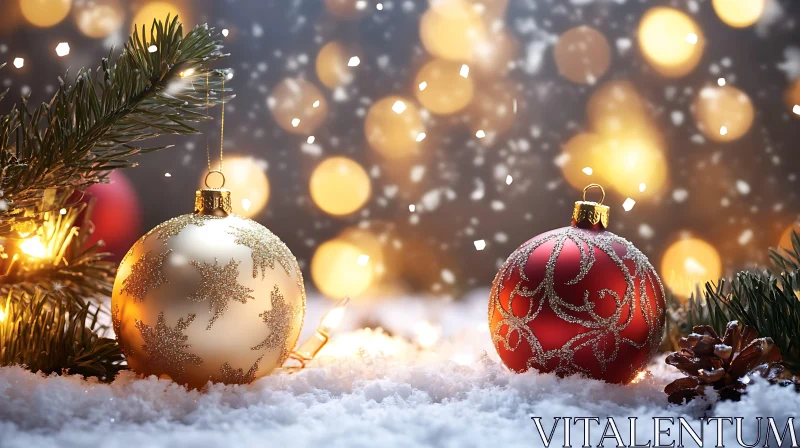 Festive Holiday Ornaments in Snow with Warm Bokeh Lights AI Image