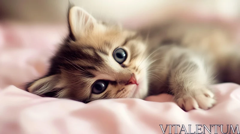 Cute Kitten Resting on a Pink Blanket AI Image