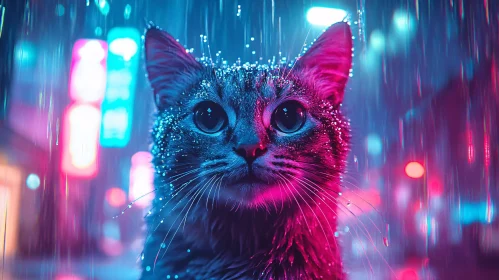 Enchanting Cat in Neon Rain