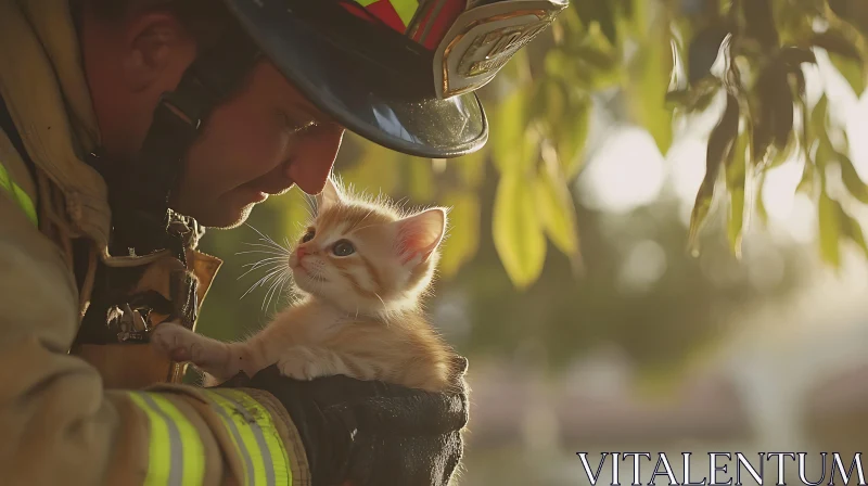 Tender Moment Between Firefighter and Kitten AI Image