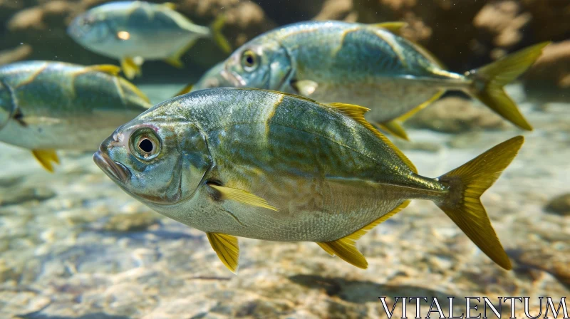 Close-Up of Yellowfin Jacks Swimming in Clear Blue Water AI Image