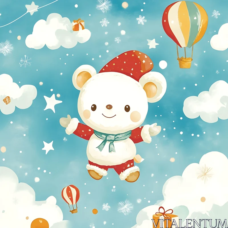 Whimsical Bear in Christmas Sky AI Image