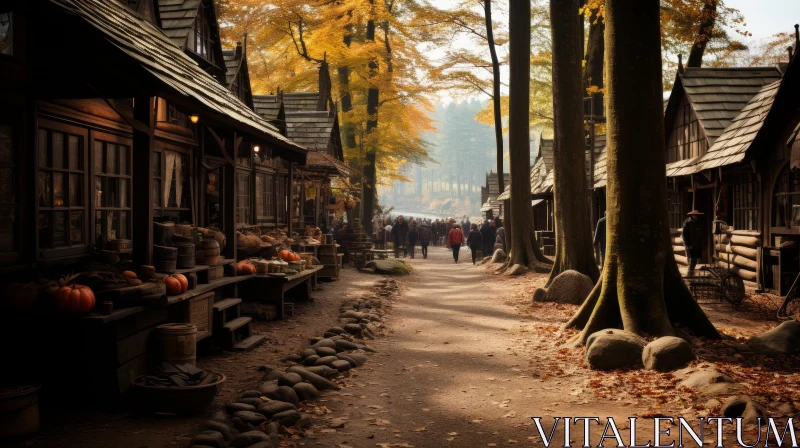 AI ART Enchanting Forest Sidewalk with Stone Houses and Fallen Leaves