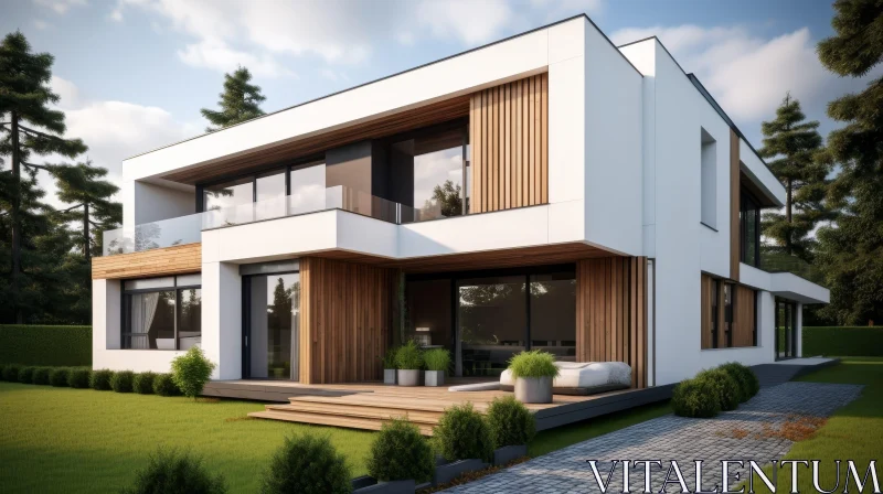 Modern White House with Terrace in Serene Suburban Setting AI Image