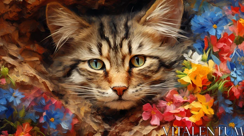 Realistic Cat Painting Among Flowers AI Image