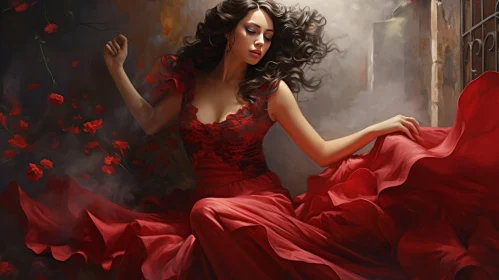 Romantic Painting of a Woman in a Red Dress | Swirling Vortexes