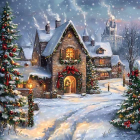 Charming Wintery Christmas Scene with Decorated Homes