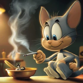 Humorous Animated Cat Smoking with Mouse