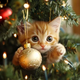 Cute Kitten Playing with Christmas Tree Ornament