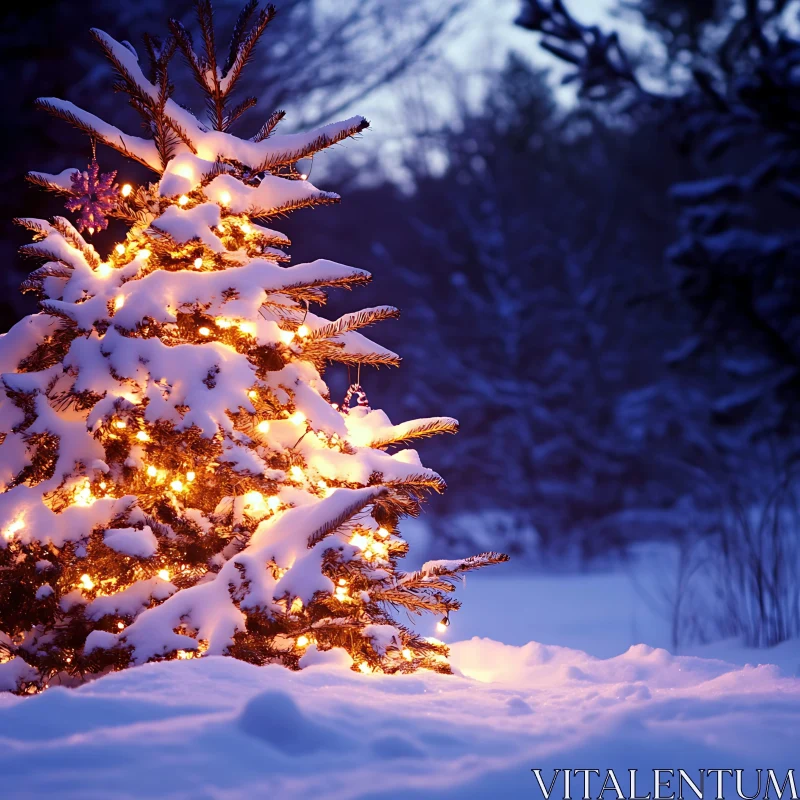 Snowy Christmas Tree with Warm Lights