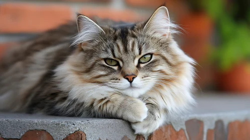 Fluffy Cat Relaxing on Concrete