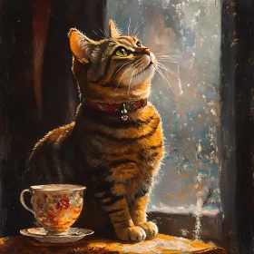 Tabby Cat Portrait with Teacup