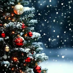 Festive Christmas Tree with Ornaments in Snow