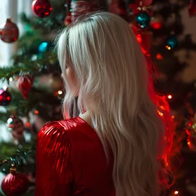 Festive Holiday Scene with Blonde Woman and Christmas Tree