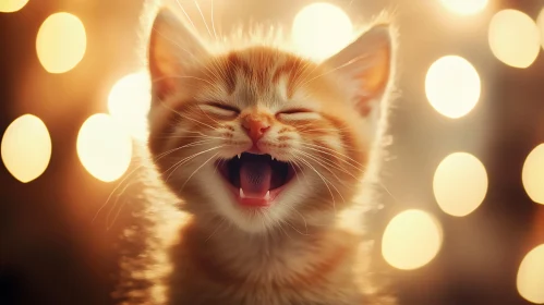 Cute Ginger Kitten with Warm Bokeh Lights
