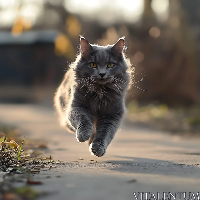 Elegant Fluffy Cat Running Outdoors AI Image