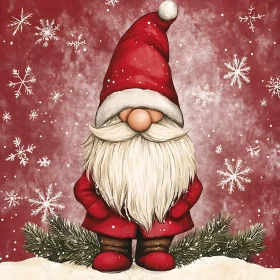 Whimsical Christmas Gnome Illustration with Snowflakes