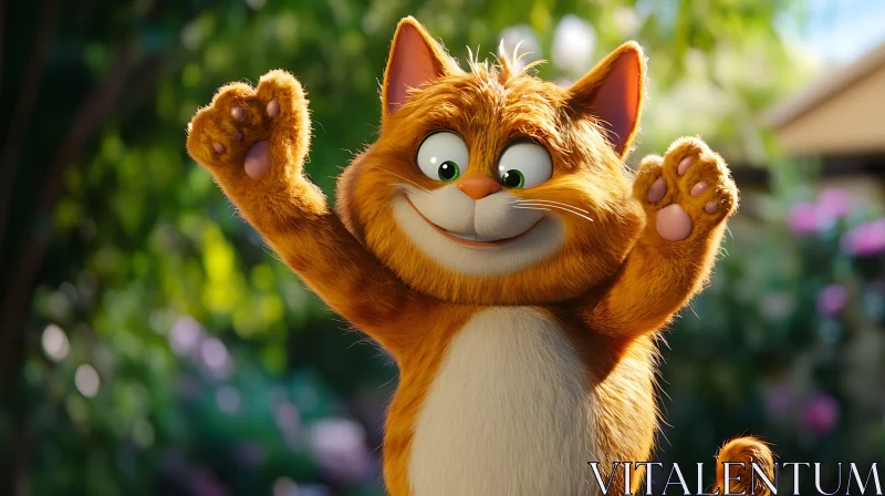 Joyful Cartoon Cat in Nature