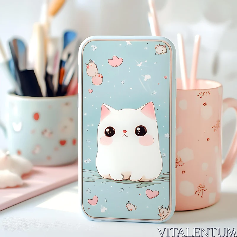 Kawaii White Cat Illustration on Phone Case