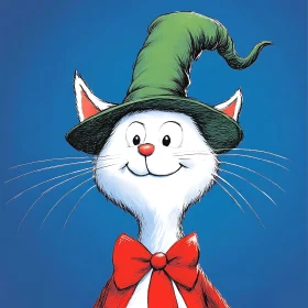 Smiling White Cat in Green Hat and Red Bow - Cartoon Art