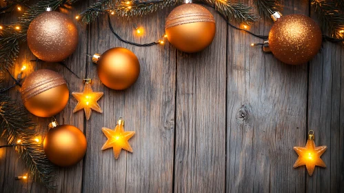 Warm Holiday Decorations with Gold Baubles and Stars