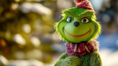 Green Character with Christmas Hat and Scarf