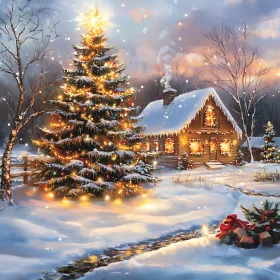 Warm Cabin and Radiant Christmas Tree in Winter Wonderland